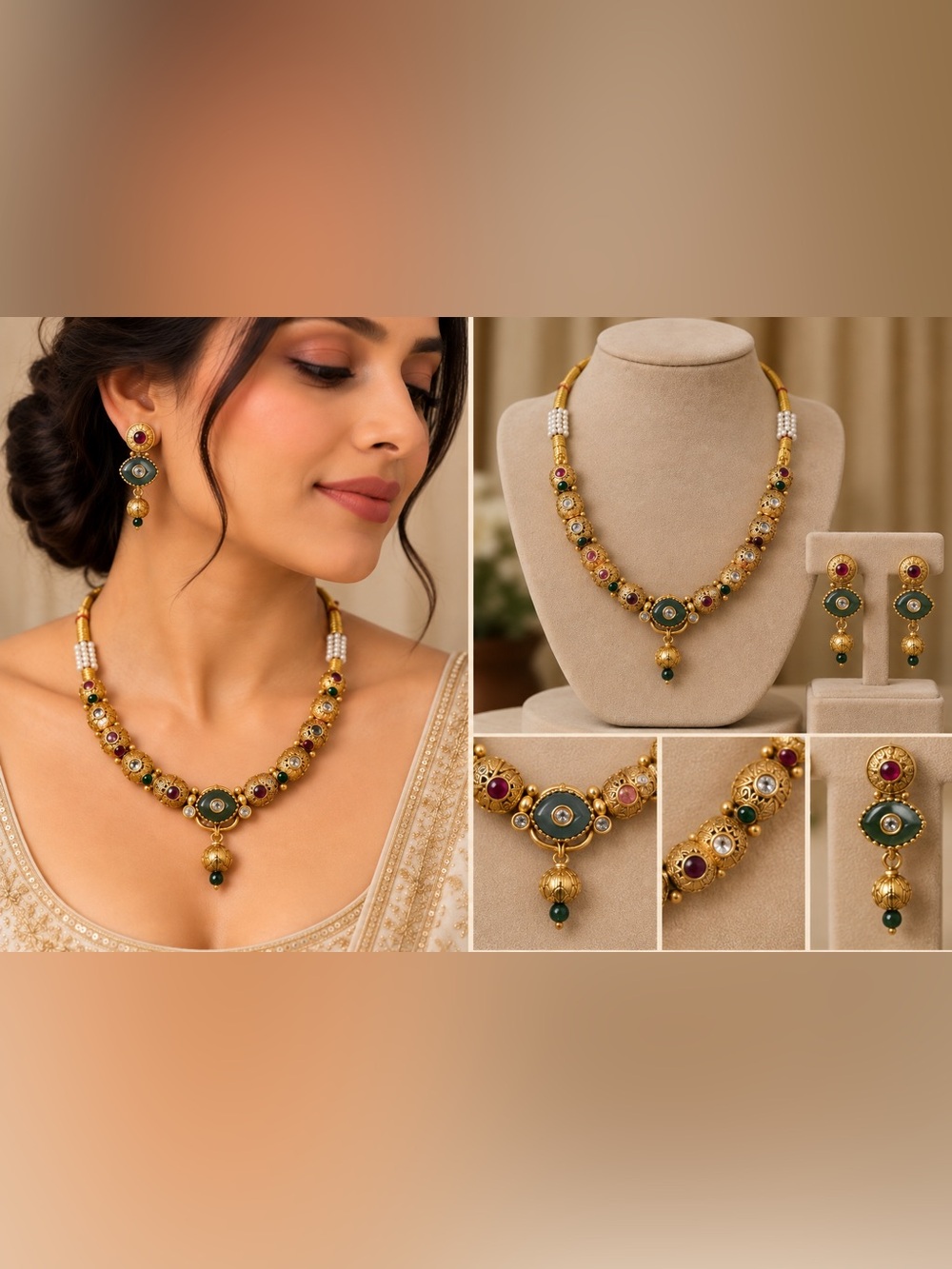 Elegant Gold-tone Necklace with Green and Red Accents by